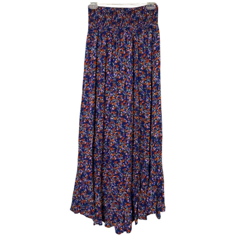 Rachel Zoe Boho Maxi Skirt S Blue Floral Smocked Waist  Button Up Cottagecore - Picture 5 of 6